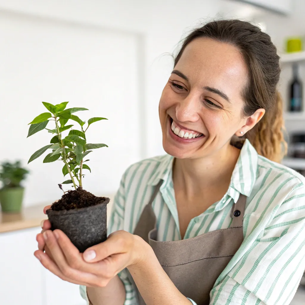 A smiling customer holding a small potted plant