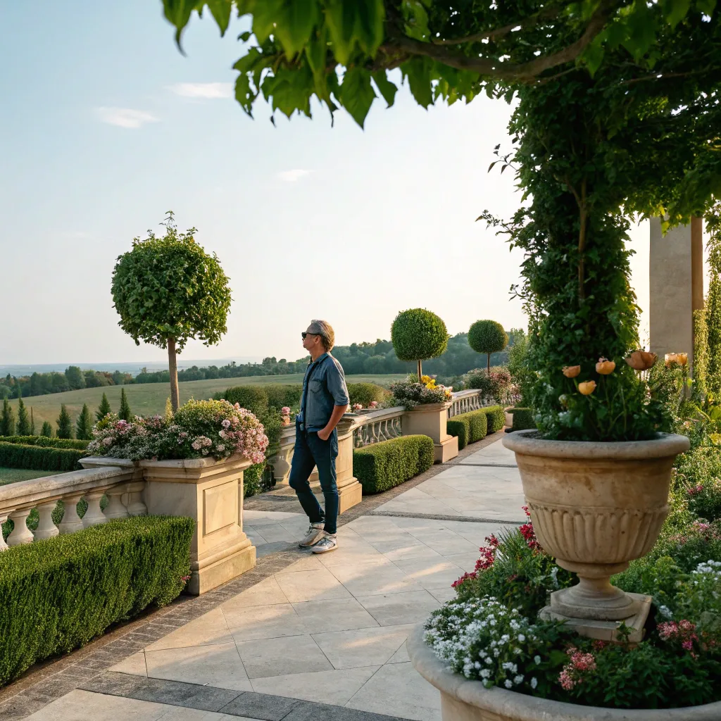 A customer standing on a beautifully planted terrace