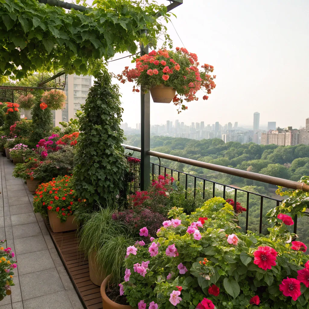 Lush balcony garden with vibrant flowers